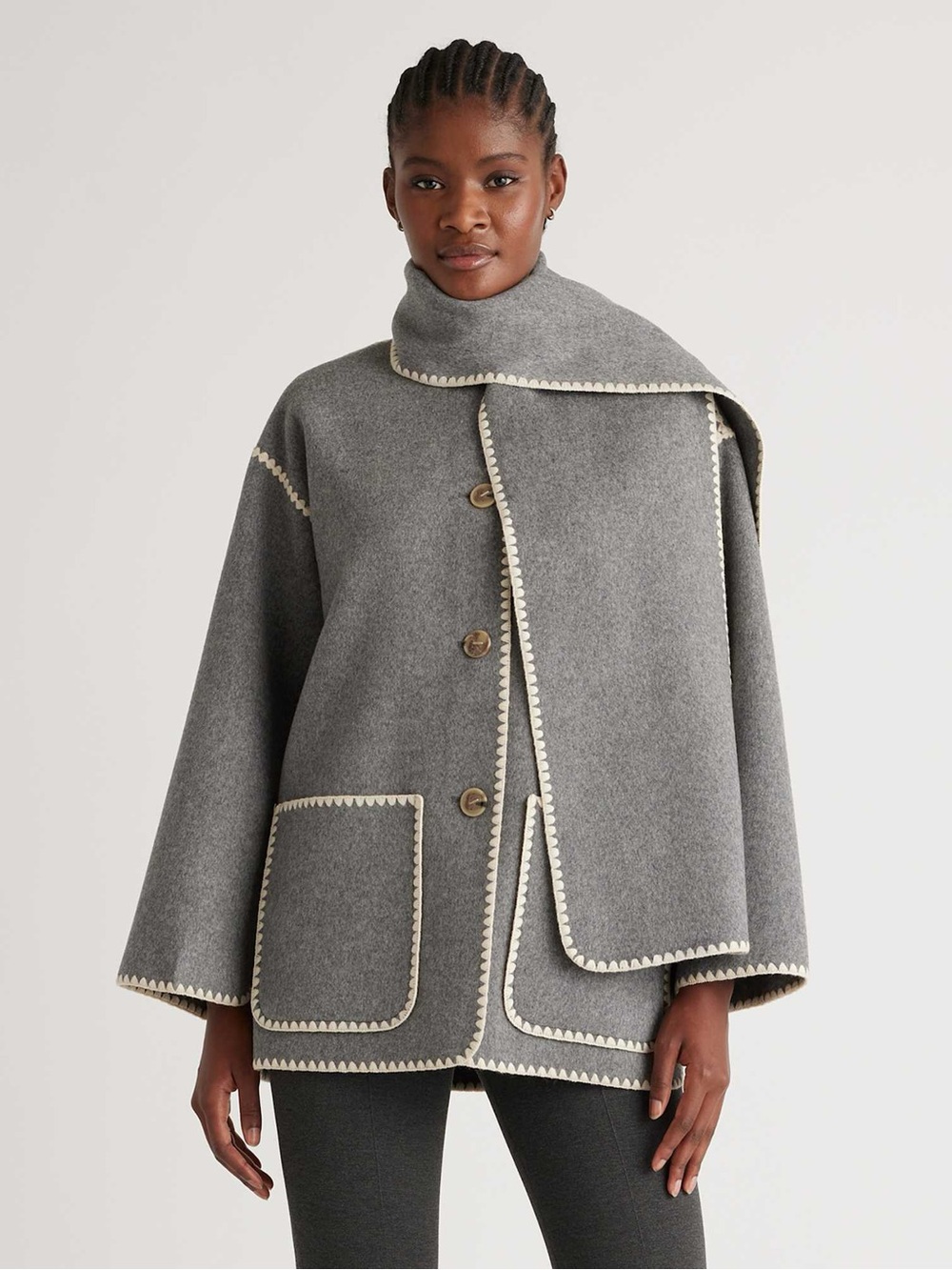 Gray Wool Blend Buttoned Cape with Scallop Trim